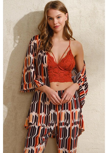 Mdb Mdbshop Dokuma Viskon Geometrik Baskılı Sabahlık Balensiz Desteksiz Dolgusuz Yaka Detaylı Dantelli Büstiyer Sütyen ve Pantolon Pijama 3lü Takım