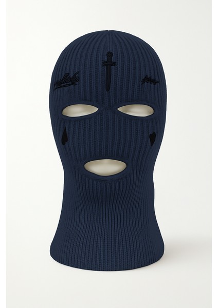 Göz Yaşı ve Kılıç Nakışlı Akrilik Unisex Lacivert Kışlık Motorcu Maskesi Örgü Kar Maskesi