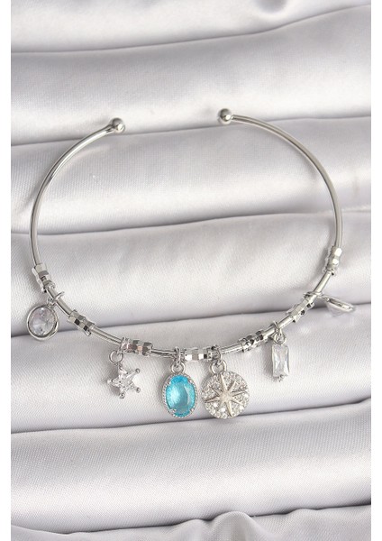 Bfs Pirinç Gümüş Renk Sallantı Pusula Figür Kalp Detay Charm Kadın Bileklik