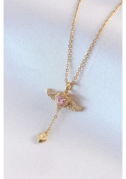 Bfs 316L Çelik Gold Renk Kanatlı Kalp Model Zirkon Taş Detay Kadın Kolye