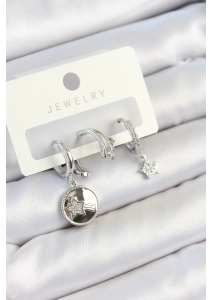 Bfs Pirinç Zirkon Taşlı Sallantılı Yıldız Model Gümüş Renk 3'lü Çift Kadın Küpe Set