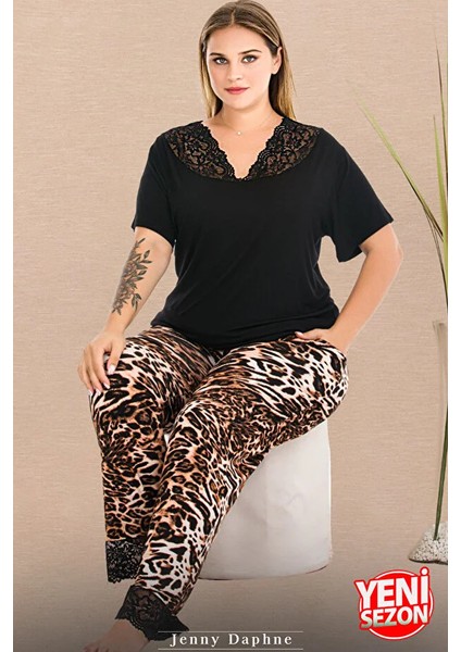 Lady Büyük Beden Leopar Desenli Dantel Paça Pijama V Yaka Dantelli Kısa Kollu Pijama Takımı fiyatları