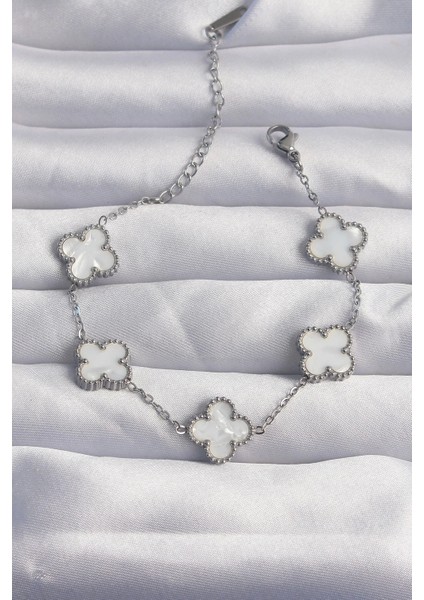 Bfs 316L Çelik Gümüş Renk Beyaz Sedefli Yonca Bileklik