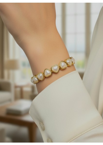 Çelik Kalp Inci Bileklik Altın Rengi Kararmaz Şık Kadın Takı fiyatları