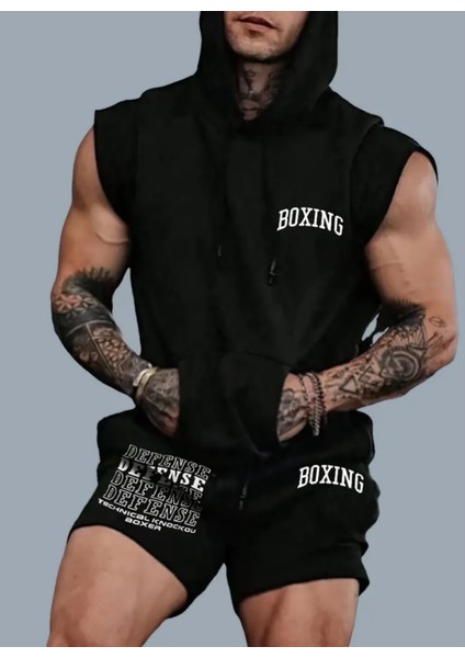 Punıx Büyük Beden Özel Seri Boxıng Baskılı %100 Pamuk Kapüşonlu Kışlık Erkek Gym Eşofman Takımı