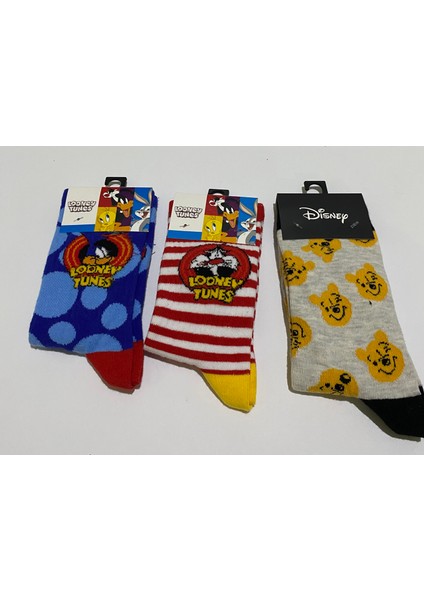 3’lü Renkli Desenli Çorap Seti – Looney Tunes & Pooh Temalı | Kadın – Rahat Pamuklu fiyatları