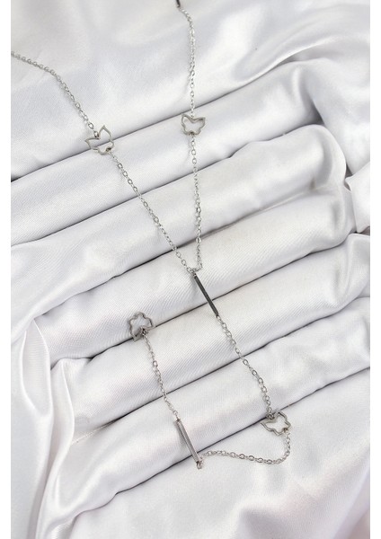 Bfs 316L Çelik Kelebek Figürlü Y Model Gümüş Renk Kadın Kolye