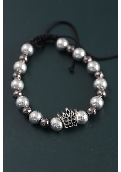 Bfs Doğal Taş Kral Tacı Model Gümüş ve Füme Renk Asansörlü Erkek Bileklik fiyatları