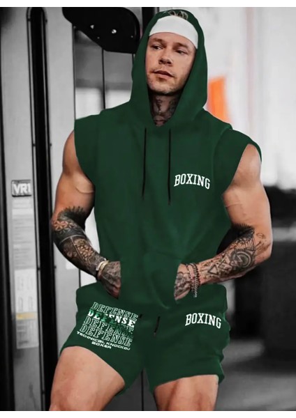 Punıx Büyük Beden Özel Seri Boxıng Baskılı %100 Pamuk Kapüşonlu Kışlık Erkek Gym Eşofman Takımı