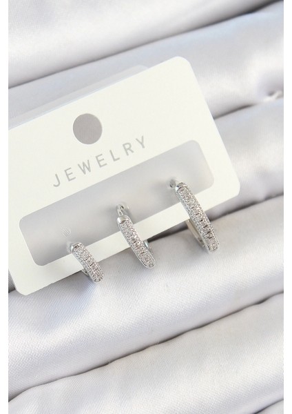 Bfs Pirinç Zirkon Taşlı Halka Model Gümüş Renk 3'lü Çift Kadın Küpe Set