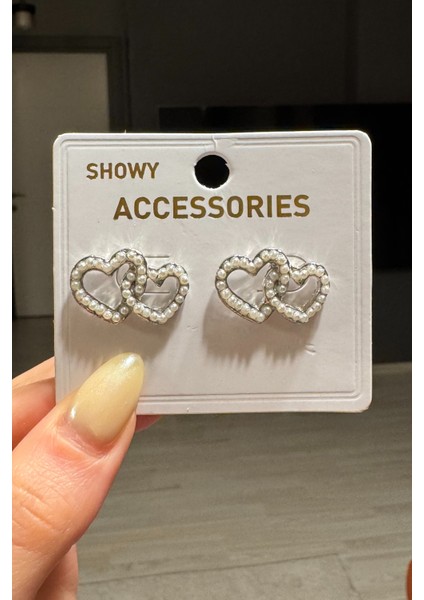 Kadın Gold Inci Detaylı Kalp Küpe