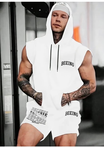 Punıx Büyük Beden Özel Seri Boxıng Baskılı %100 Pamuk Kapüşonlu Kışlık Erkek Gym Eşofman Takımı