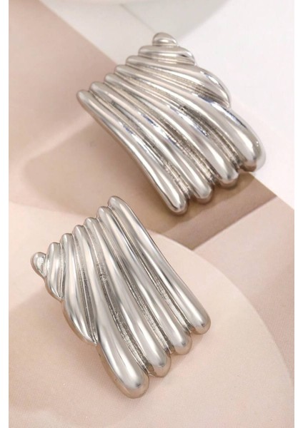 Kadın Gümüş Renk Çizgili Plaka Küpe