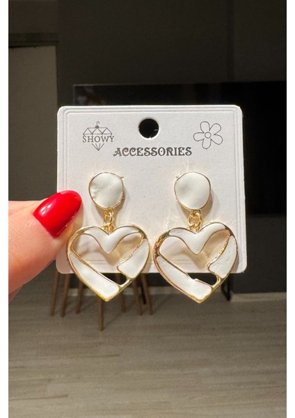 Kadın Siyah Sallantılı Mineli Premium Kalp Küpe