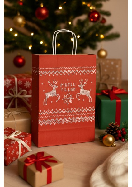 Ara Boy Burgu Saplı Geyikli Kırmızı Kraft Hediye Çantası 25X12X31