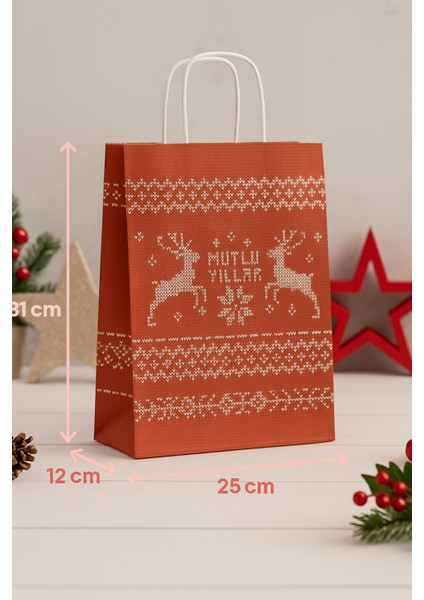 Ara Boy Burgu Saplı Geyikli Kırmızı Kraft Hediye Çantası 25X12X31 fiyatları
