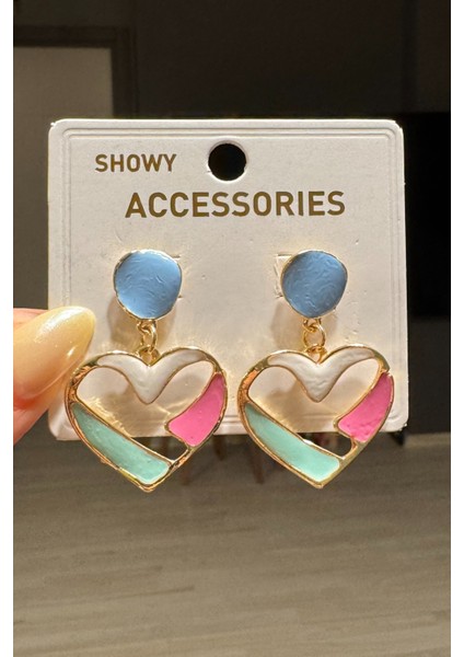 Kadın Renkli Sallantılı Mineli Kalp Küpe