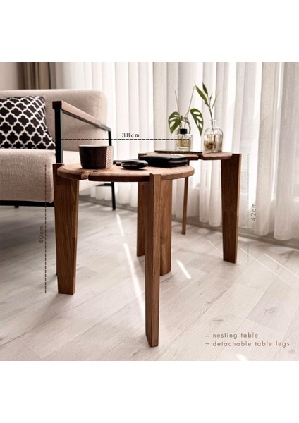 Masif Meşe İskandinav İkili Zigon Sehpa - Üst Üste Geçebilir - Portatif - Sökülüp-Takılabilen Ayak 38x38x42cm fiyatları