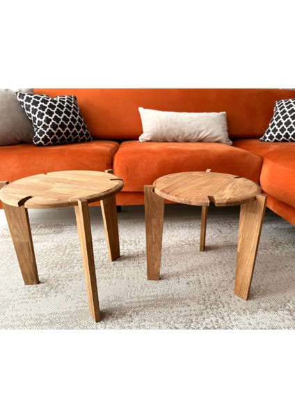 Masif Meşe İskandinav İkili Zigon Sehpa - Üst Üste Geçebilir - Portatif - Sökülüp-Takılabilen Ayak 38x38x42cm indirimleri