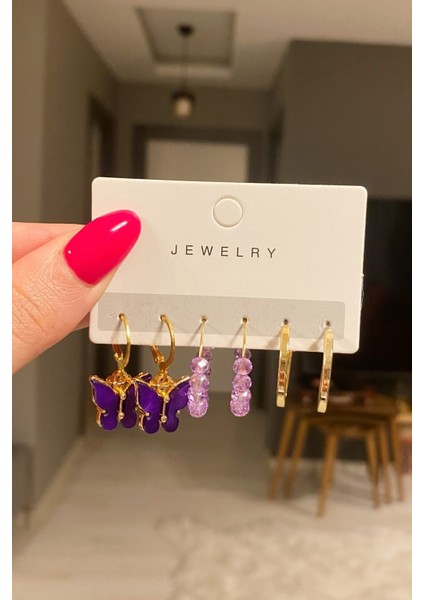 Kadın 6'lı Krem Kelebek Küpe Seti