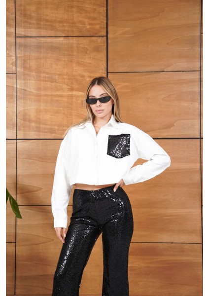 Leopar Pul Payetli Cep Detaylı Kısa Gömlek