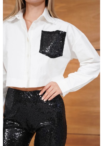 Leopar Pul Payetli Cep Detaylı Kısa Gömlek modelleri