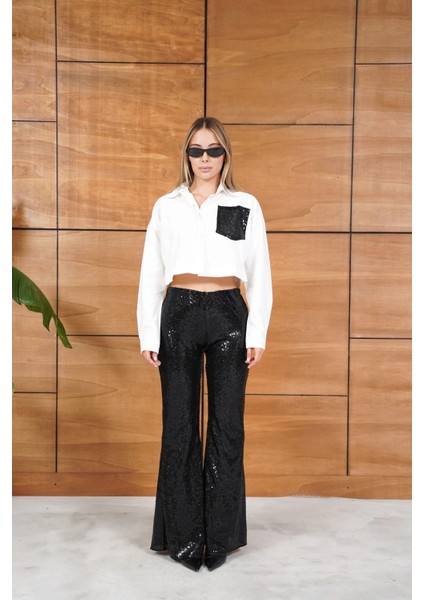 Leopar Pul Payetli Cep Detaylı Kısa Gömlek