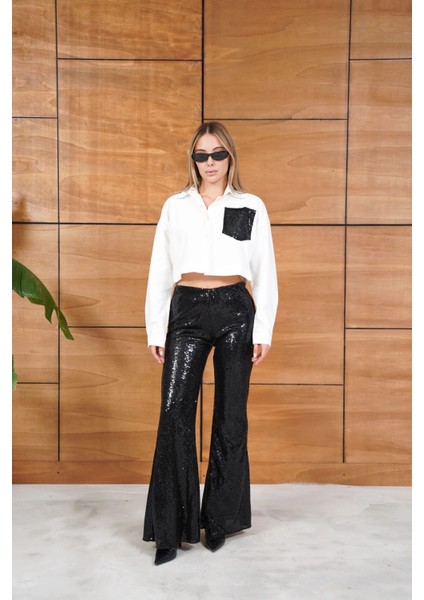 Leopar Pul Payetli Cep Detaylı Kısa Gömlek