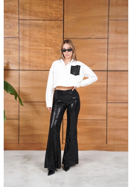 Leopar Pul Payetli Cep Detaylı Kısa Gömlek