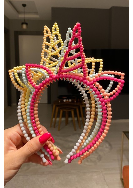 6'lı Renkli Incili Unicorn Çocuk Taç Saç Bandı Seti