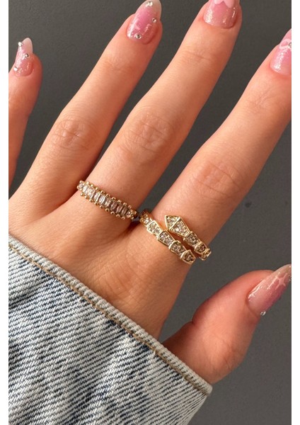 Kadın 2'li Gold Zirkon Taşlı Ayarlanabilir Yüzük Seti