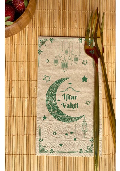 25 Adet Iftar Vakti Yazılı Fener Ay Yıldız Desenli Ramazan Temalı Kraft Kağıt Peçete