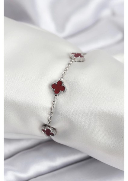 Bfs 316L Çelik Gümüş Renk Bordo Baby Boy Yonca Kadın Bileklik