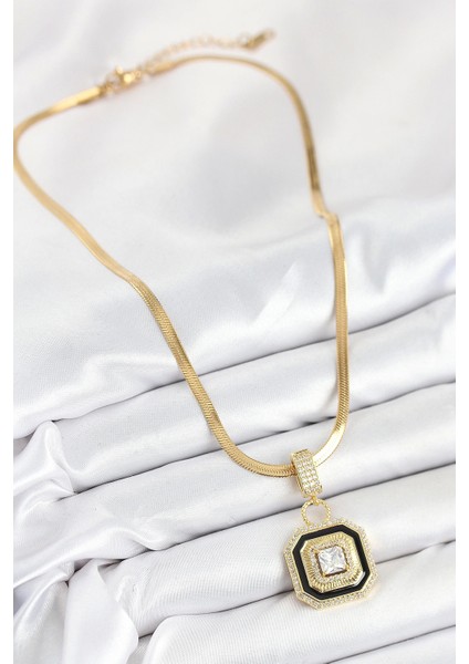 Bfs 316L Çelik Zirkon Taşlı Siyah Detaylı Baget Model Gold Renk Kadın Kolye fiyatları