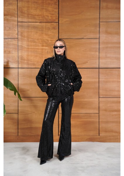 Full Pul Payetli Siyah Fermuarlı Bomber Ceket