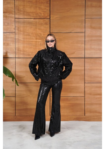 Full Pul Payetli Siyah Fermuarlı Bomber Ceket fiyatları