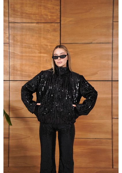 Full Pul Payetli Siyah Fermuarlı Bomber Ceket modelleri