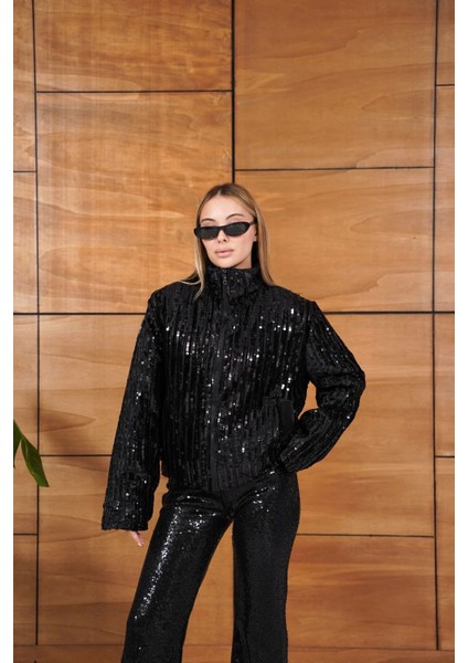 Full Pul Payetli Siyah Fermuarlı Bomber Ceket fırsatları
