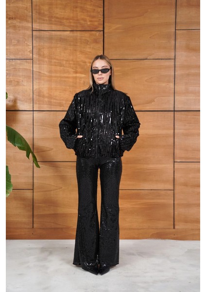 Full Pul Payetli Siyah Fermuarlı Bomber Ceket