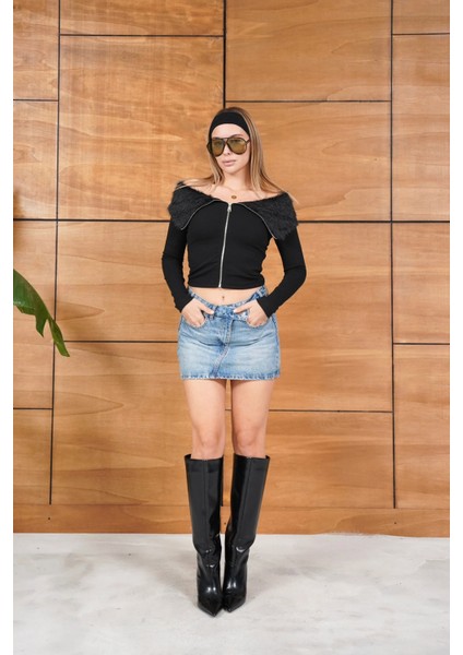 Parti Giyim Uzun Kollu Fermuarlı Kürklü Bluz