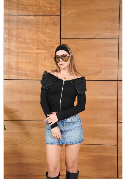 Parti Giyim Uzun Kollu Fermuarlı Kürklü Bluz fırsatları