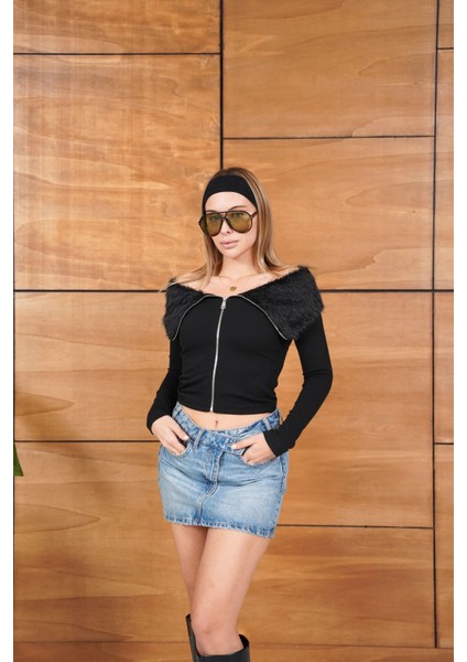 Parti Giyim Uzun Kollu Fermuarlı Kürklü Bluz indirimleri