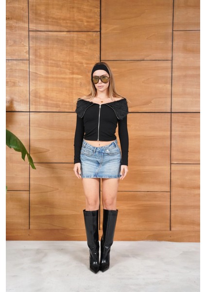 Parti Giyim Uzun Kollu Fermuarlı Kürklü Bluz