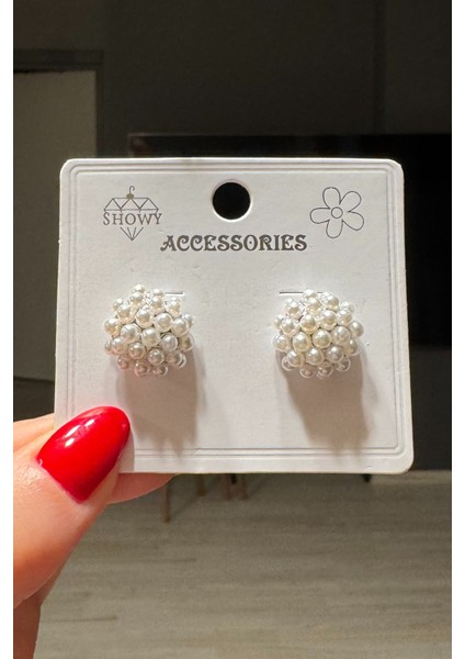 Kadın Incili Düğme Top Küpe