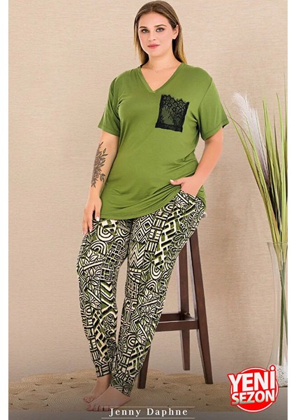 Lady Büyük Beden Yeşil V Yaka Çepli Pijama Kısa Kollu Pijama Takımı