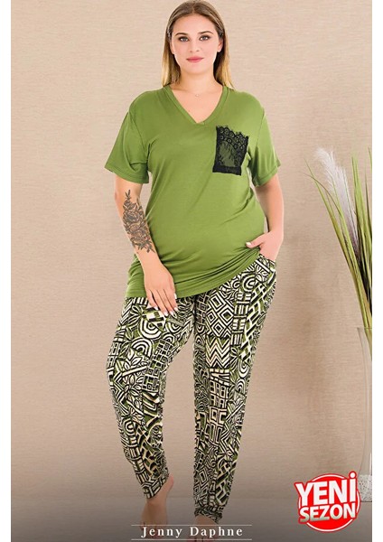 Lady Büyük Beden Yeşil V Yaka Çepli Pijama Kısa Kollu Pijama Takımı fiyatları