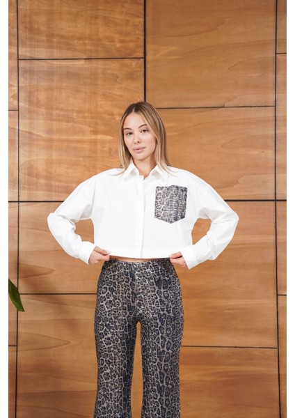 Leopar Pul Payetli Cep Detaylı Kısa Gömlek