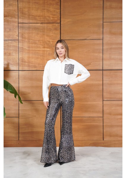 Leopar Pul Payetli Cep Detaylı Kısa Gömlek modelleri