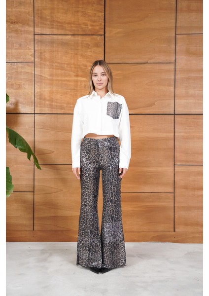 Leopar Pul Payetli Cep Detaylı Kısa Gömlek indirimleri