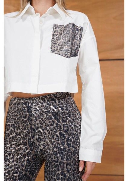 Leopar Pul Payetli Cep Detaylı Kısa Gömlek